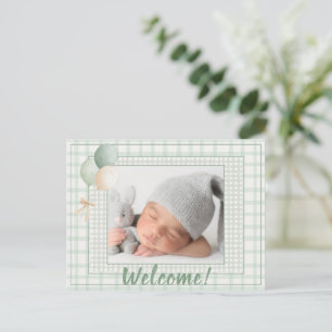 Sage groene gingham één foto geslachtsneutrale geb aankondigingskaart