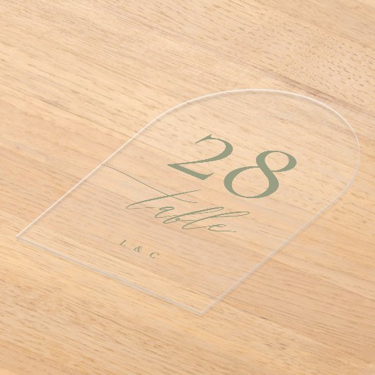 Sage Groene Kalligrafie Acryl Boog Tafelnummer Acryl Uitnodigingen (Laagn)