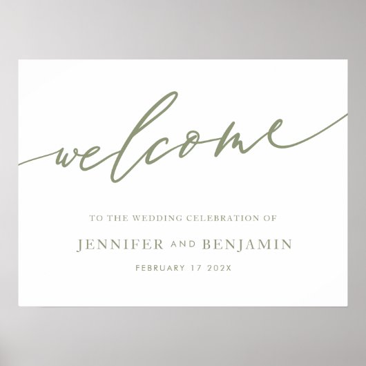 Sage Groene Kalligrafie Eenvoudige bruiloft welkom Poster (Voorkant)