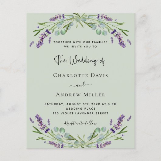 Sage groene lavendel budget bruiloft uitnodiging (Voorkant)