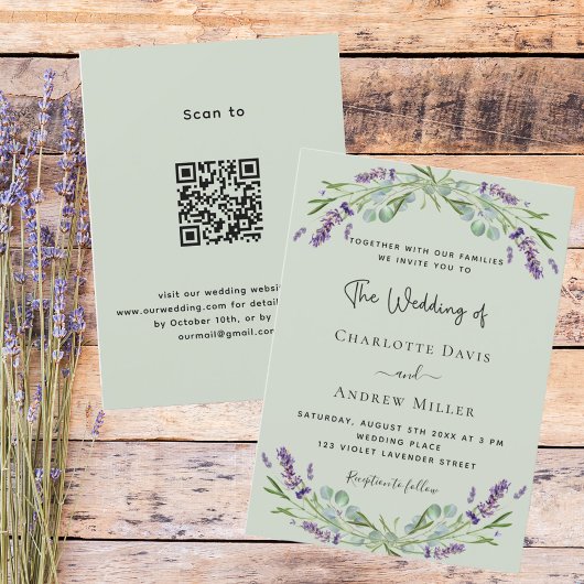 Sage groene lavendel QR code RSVP luxe bruiloft Kaart