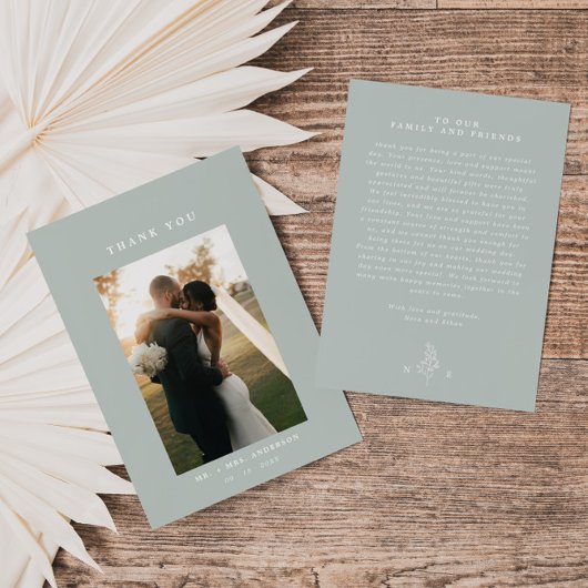 Sage Groene Lijn Kunstblad Monogram Bruiloft Bedankkaart