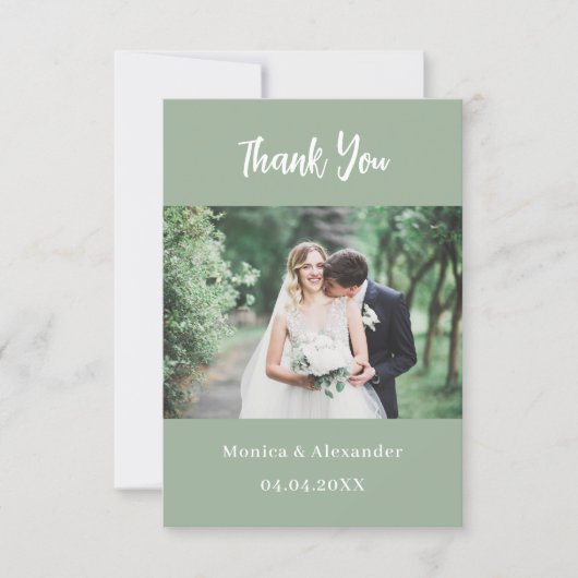 Sage groene moderne QR bruiloft foto dank u kaart (Voorkant)