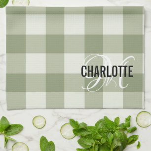 Sage groene monogram gingham theedoek