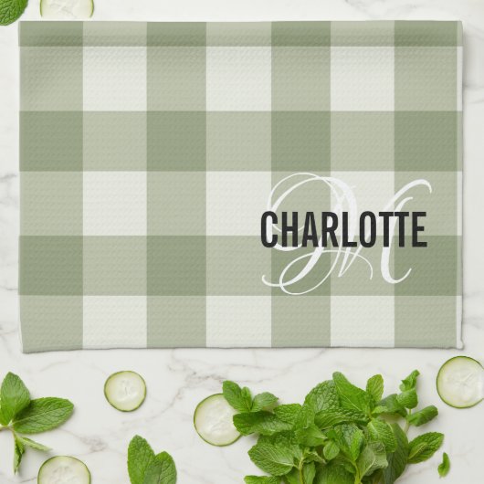 Sage groene monogram gingham theedoek (Gevouwen)