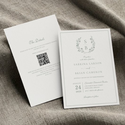 Sage Groene Monogram Krans QR Code Bruiloft Kaart