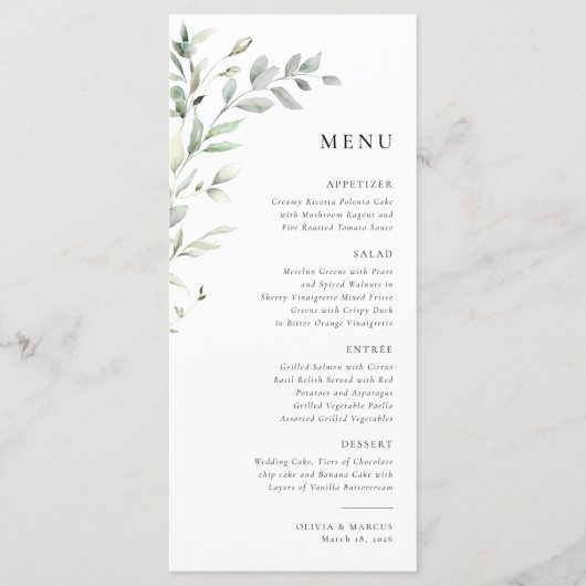 Sage Groene Olijf Botanische Elegante Bruiloft Men Programma (Voorkant)