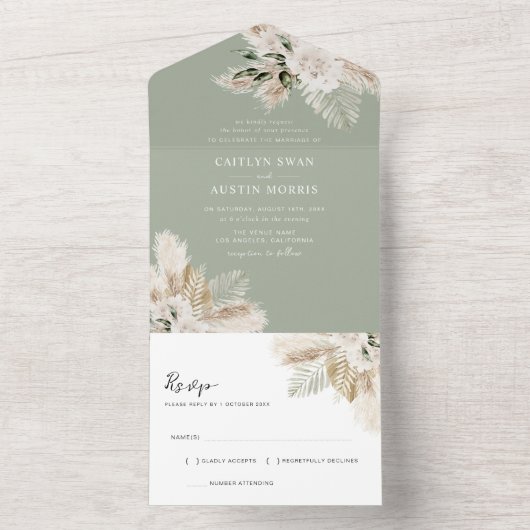 Sage groene pampas gras waterverf bloemenbruiloft all in one uitnodiging (Binnen)