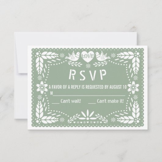 Sage groene papel picado houdt van bloemen bruilof RSVP kaartje (Voorkant)