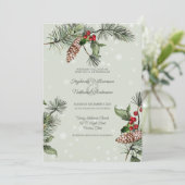 Sage Groene Pine & Holly in Sneeuw Bruiloft Kaart (Staand voorkant)
