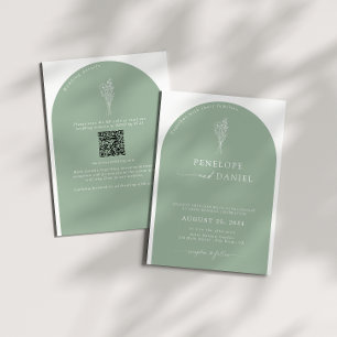 Sage Groene QR Code Bruiloft Arch 2 in 1 Kaart