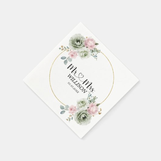 Sage Groene & Roze Bloemen bruiloft Papier Servet (Hoek)