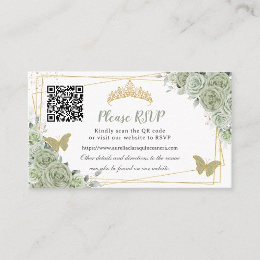 Sage Groene Rozen Bloemenkoud Quinceañera RSVP QR Informatiekaartje (Voorkant)