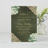 Sage Groene Rozen Gouden Kant QR Code Moslim Bruil Kaart (Staand voorkant)