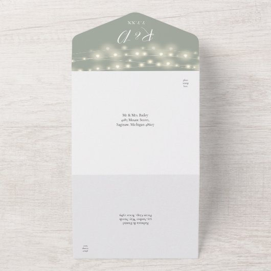 Sage Groene String Lights Foliage Bruiloft All In One Uitnodiging (Buitenkant)