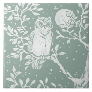 Sage Groene Uil in Boom Nacht Maan Scène Tegeltje