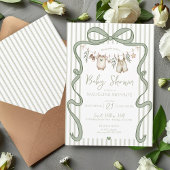 Sage Groene Waterverf Bow Clothesline Baby shower Kaart