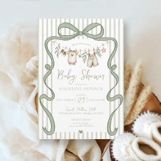 Sage Groene Waterverf Bow Clothesline Baby shower Kaart