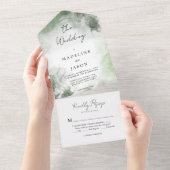 Sage Groene Waterverf Gouden Splash Bruiloft All In One Uitnodiging (Afscheurbaar)