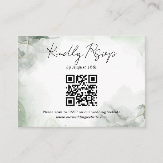 Sage Groene Waterverf Script Bruiloft QR Code RSVP Informatiekaartje (Voorkant)