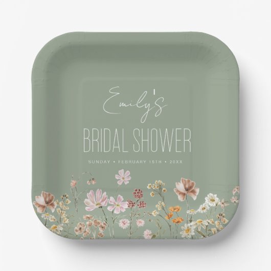 Sage Groene Wildbloem Boho Vrijgezellenfeest in Bl Papieren Bordje (Voorkant)