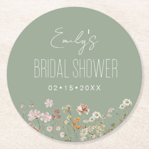 Sage Groene Wildbloem Boho Vrijgezellenfeest Tuin Ronde Kartonnen Onderzetter