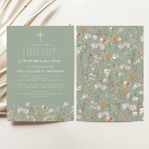 Sage Groene Wildbloem Eerste Heilige Communie Kaart