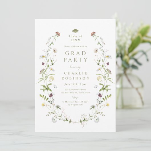 Sage Groene Wildbloem Rustiek Boho Afstuderen Kaart (Staand voorkant)