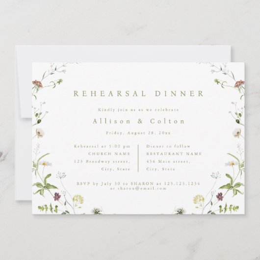 Sage Groene Wildbloem Rustiek Boho Repetitie Diner Kaart (Voorkant)