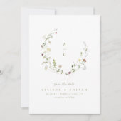 Sage Groene Wildbloem Rustieke Boho Bruiloft monog Save The Date (Voorkant)