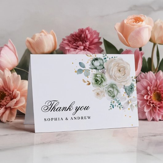 Sage Groene & Witte Bloemen Bruiloft Dank u Kaart