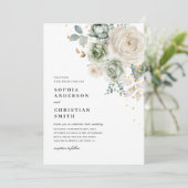 Sage Groene & Witte Bloemen Bruiloft Uitnodiging (Staand voorkant)