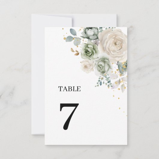 Sage Groene & Witte Bloemen Trouwtafel Nummers 7 Kaart (Achterkant)