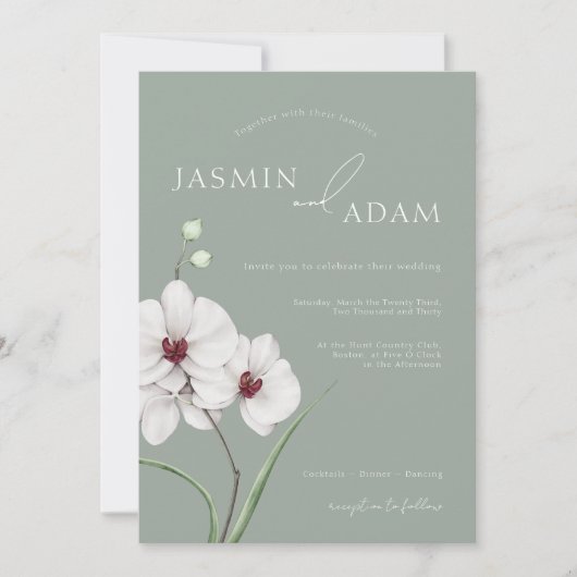 Sage Groene Witte Orchideeën Initialen Bloemenbrui Kaart (Voorkant)