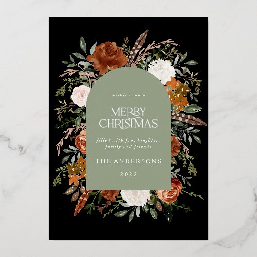 Sage groene zwarte bloemetjes moderne kerstmis folie feestdagenkaart (Voorkant)