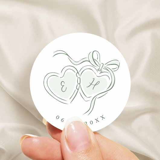 Sage Hand Drawn Hearts Monogram Whimsical Wedding Ronde Sticker