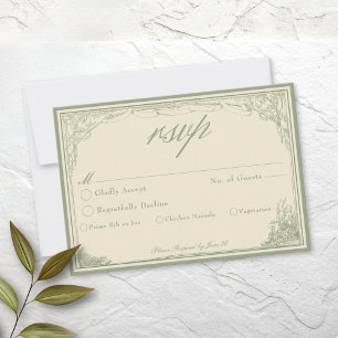 Sage Ivory Vintage Botanische Trellis Boog Bruilof RSVP Kaartje