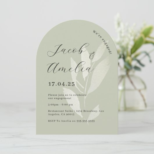 Sage Leaf Modern Arch Engagement Party Kaart (Staand voorkant)