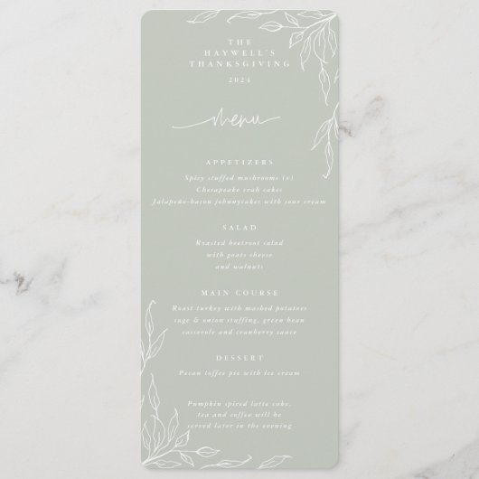 Sage Leaf Motif Thanksgiving Dinner Flat 4 Course Menu (Voorkant)