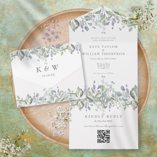 Sage Lila Floral Monogram QR Code Weddenschap All In One Uitnodiging