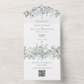 Sage Lila Floral Monogram QR Code Weddenschap All In One Uitnodiging (Binnen)