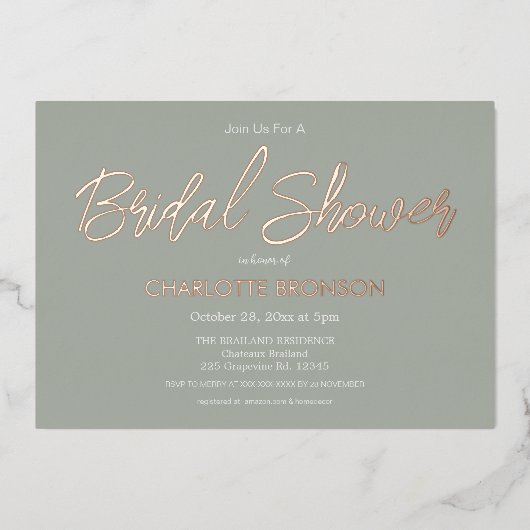 Sage minimalistisch Script Vrijgezellenfeest Roos  Folie Uitnodiging (Voorkant)