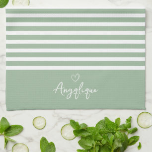 Sage Modern Heart en Stripes Monongram Theedoek