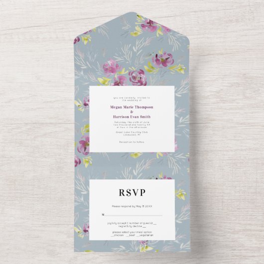 Sage Modern Waterverf Flower Wedding Invitation All In One Uitnodiging (Binnen)