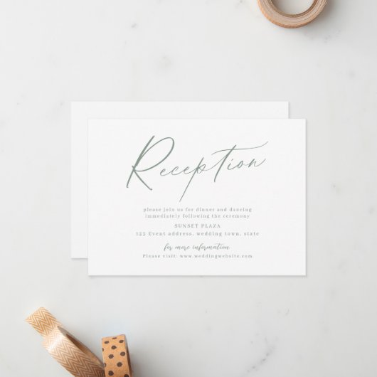 Sage moderne script minimalistische bruiloft recep notitiekaartje (Voorkant / Achterkant in situ)