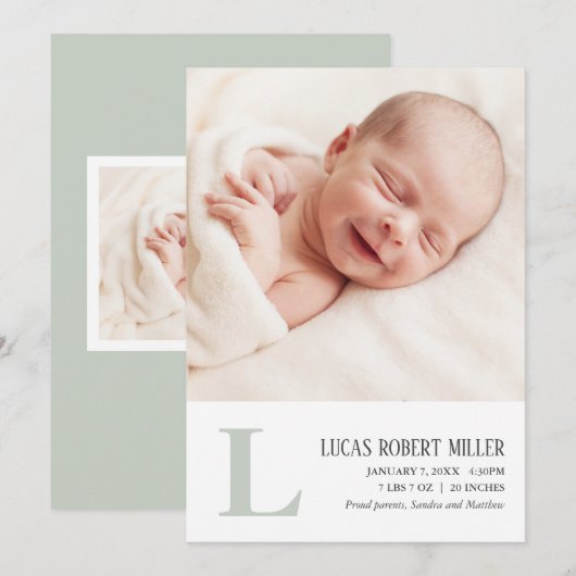 Sage Monogramme Faire-part de naissance bébé Carte (Devant / Derrière)