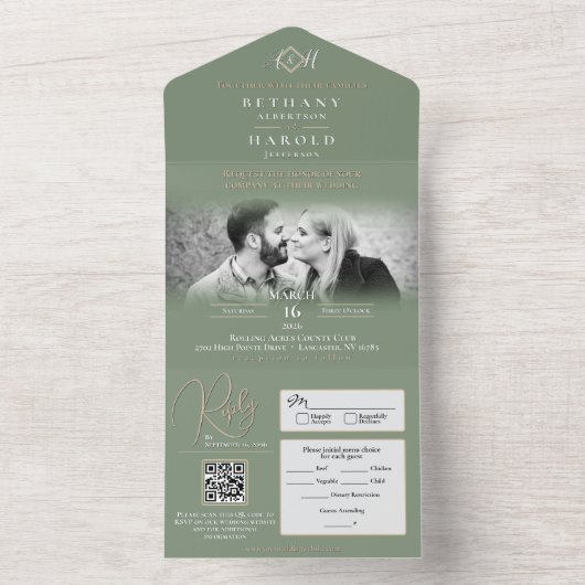 Sage Monogramme tout en un mariage Invitation (À l'intérieur)