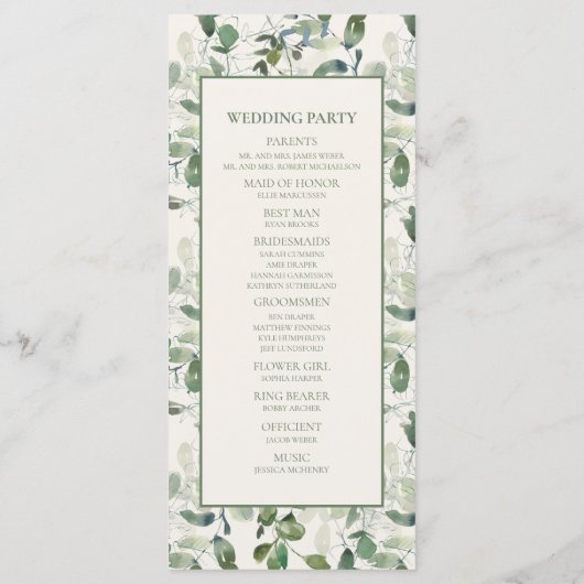 Sage Moss Green Feuilles Cream Wedding Programme (Dos)