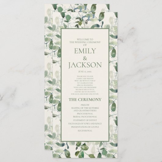 Sage Moss Green Feuilles Cream Wedding Programme (Devant / Derrière)