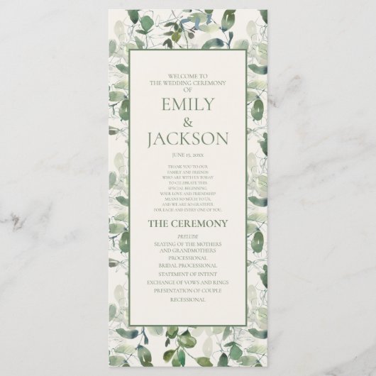 Sage Moss Green Feuilles Cream Wedding Programme (Devant)